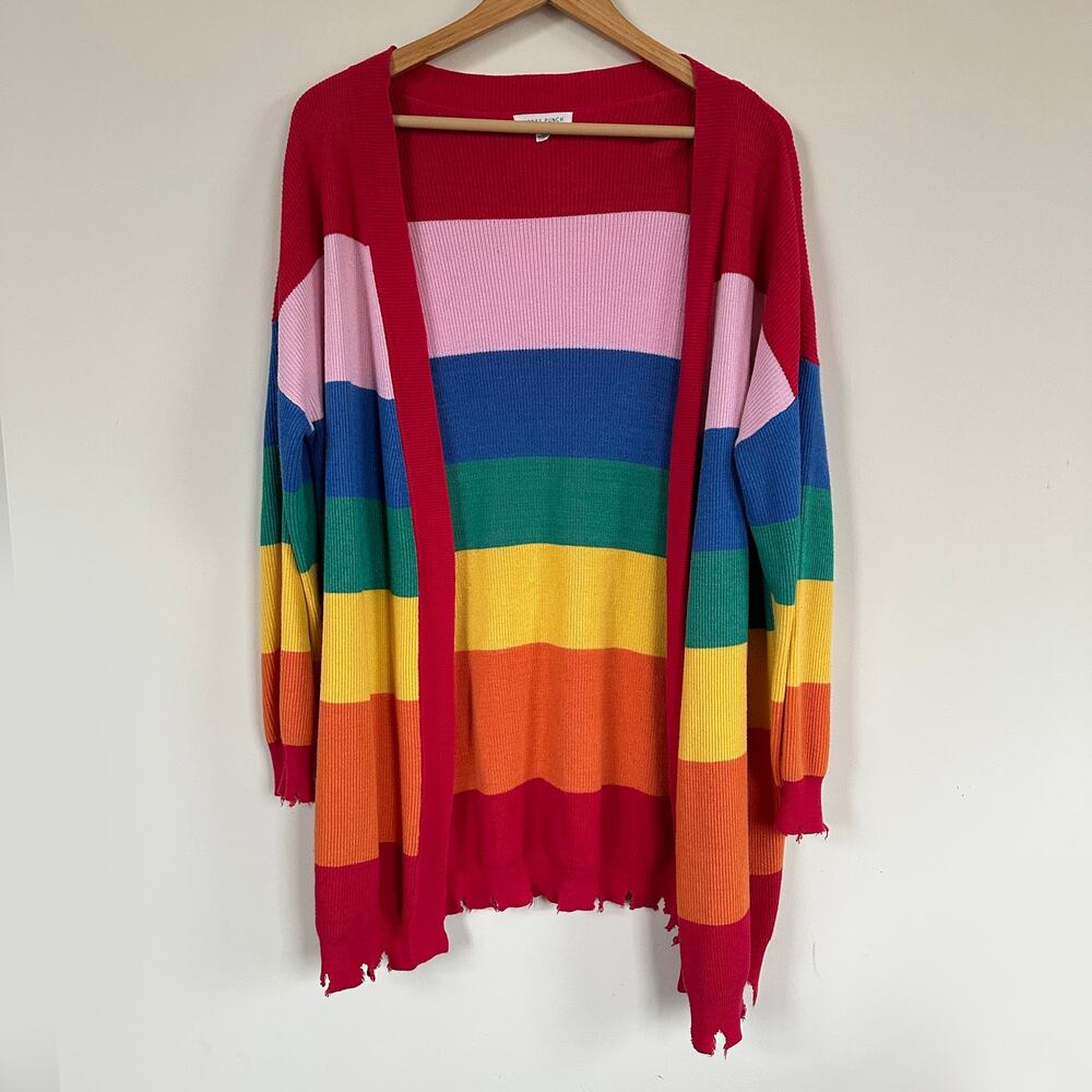 Honey Punch Cardigan Sweater Womens MEDIUM Open Front Rainbow Pride Twee Kidcore